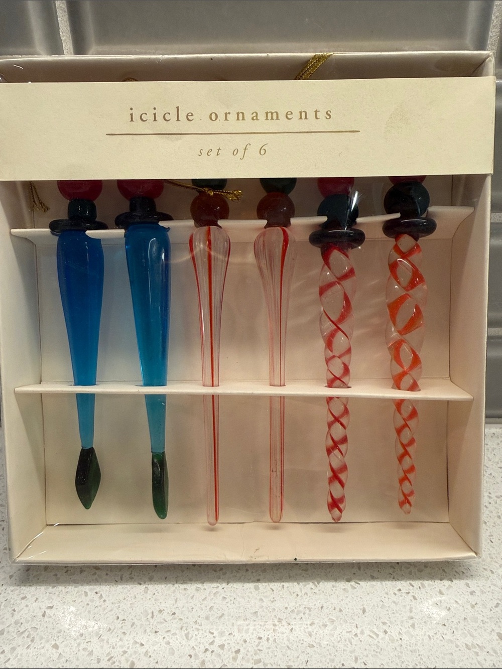 Pier 1 Blue, Red, Clear Icicle Ornament Set (6)
